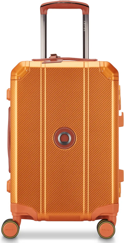 Delsey Alu'r 55 cm Aluminium Zipperless 4-Wheel Cabin Suitcase - Orange front view for size comparison