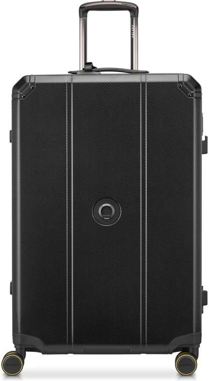 Delsey Alu'r 76 cm Aluminium Zipperless 4-Wheel Suitcase - Black front view for size comparison