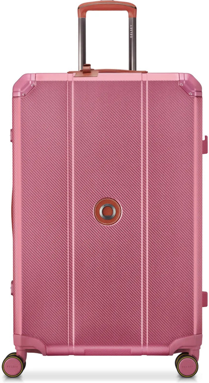 Delsey Alu'r 76 cm Aluminium Zipperless 4-Wheel Suitcase - Pink front view for size comparison