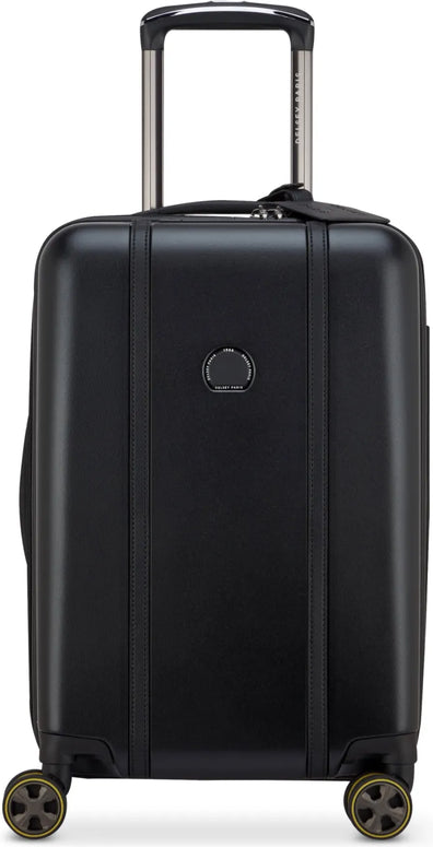 Delsey Cadence 55 cm 4-Wheel Expandable Cabin Suitcase - Deep Black front view for size comparison
