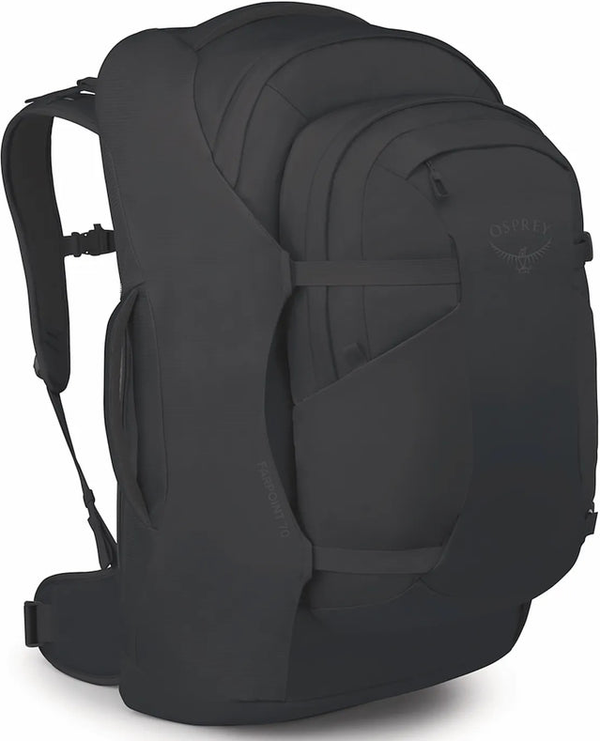 Osprey Farpoint 70 Men's Travel Pack with Detachable Fairview Day Pack - Black front view for size comparison