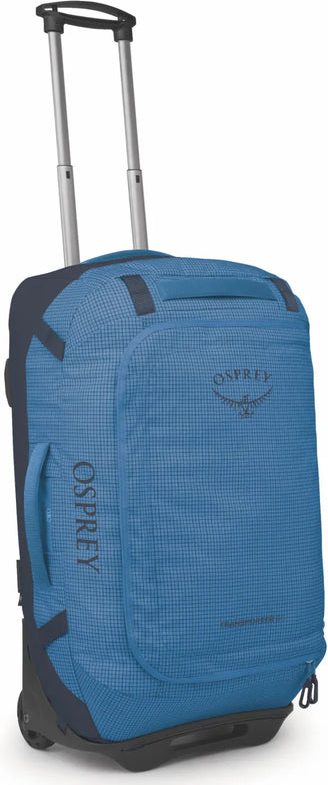 Osprey Transporter 60L wheeled Duffel Bag - Blue Flame front view for size comparison