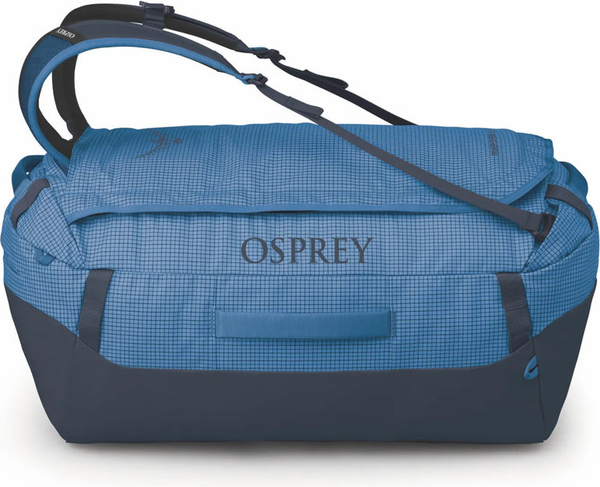 Osprey Transporter 65L Duffel Bag with Backpack Straps - Blue Flame front view for size comparison
