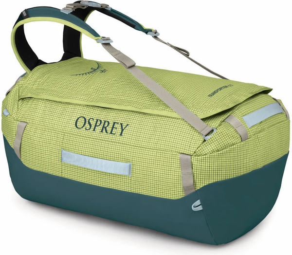 Osprey Transporter 65L Duffel Bag with Backpack Straps - Glow Dew front view for size comparison