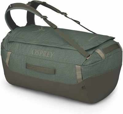 Osprey Transporter 65L Duffel Bag with Backpack Straps - Pine Leaf front view for size comparison