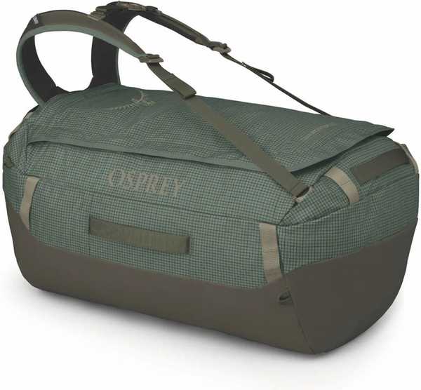 Osprey Transporter 65L Duffel Bag with Backpack Straps - Pine Leaf front view for size comparison