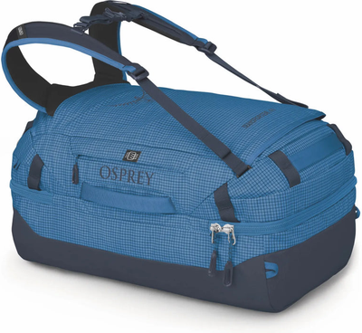 Osprey Transporter Squffel 44L Duffel Bag with Backpack Straps - Blue Flame front view for size comparison
