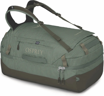 Osprey Transporter Squffel 70L Duffel Bag with Backpack Straps - Pine Leaf front view for size comparison