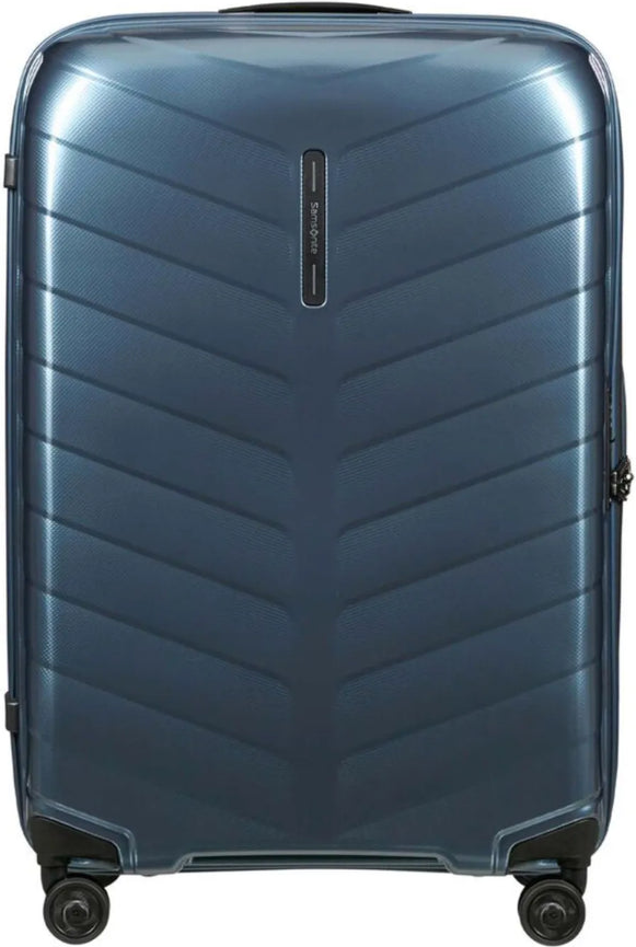 Samsonite Attrix 75 cm Spinner Suitcase - Steel Blue front view for size comparison