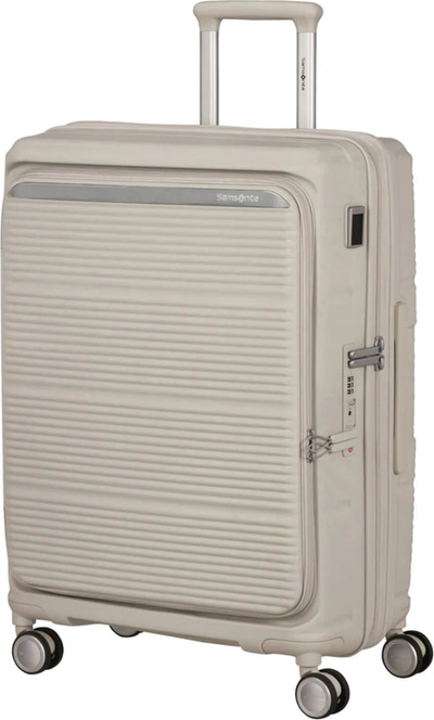 Samsonite Paralux 67 cm Expandable Front Opening Suitcase - Stone Grey shown to scale