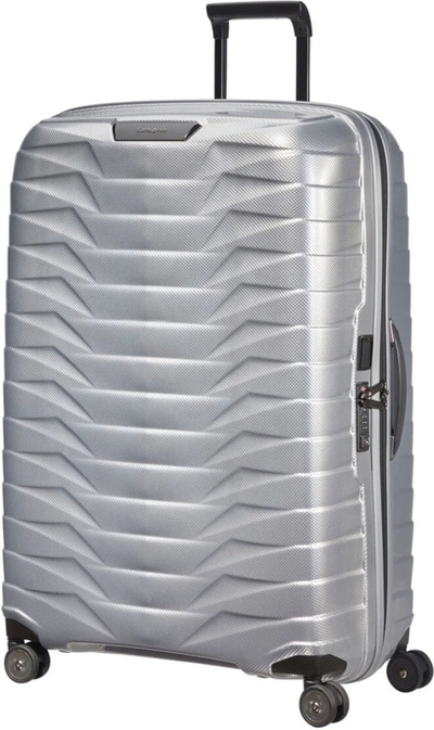 Samsonite Proxis 81 cm 4 Wheel Spinner Suitcase - Silver front view for size comparison