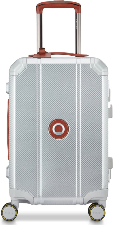 tu-delsey-alur-55-cm-aluminium-zipperless-4-wheel-cabin-suitcase-silver front view for size comparison
