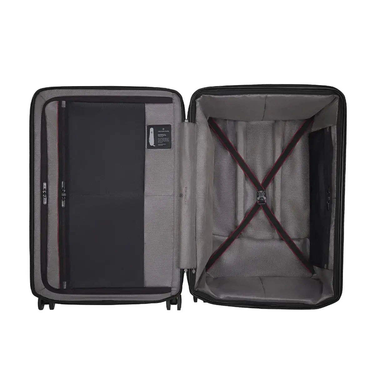 Zippered mesh divider wall with two large mesh pockets stretches for easy packing