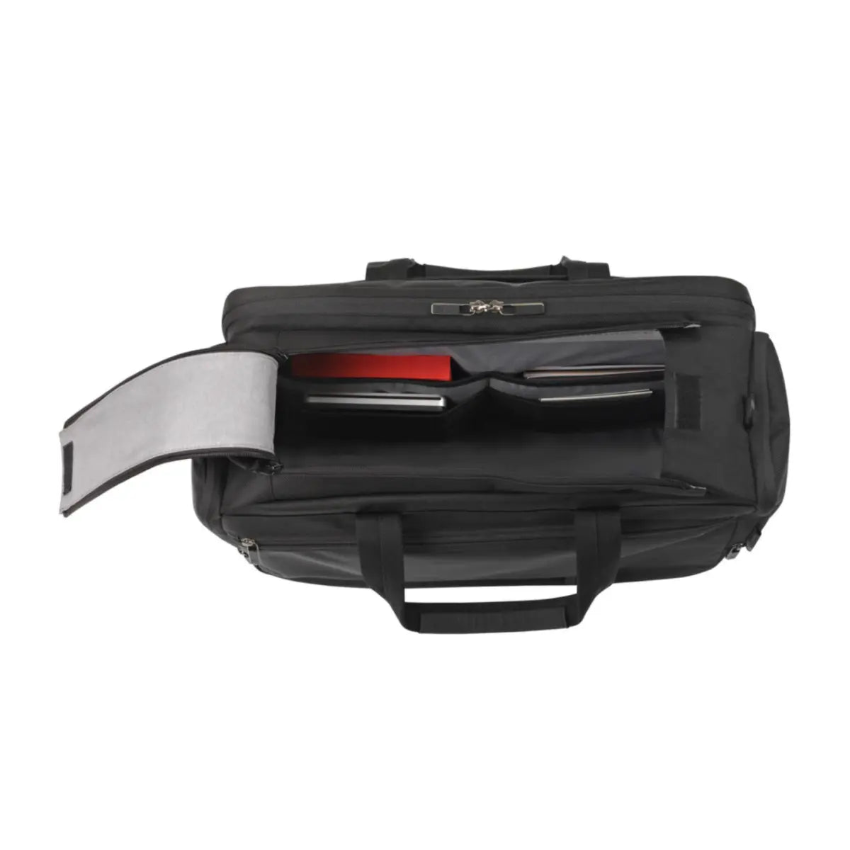 Interior features: two padded electronics pockets for tablets or eReaders, two mesh peripherals pockets, full-length zippered lining pocket