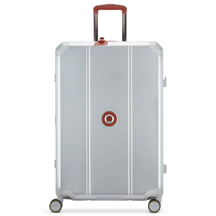 Delsey Alu'r brushed aluminium zipperless suitcase with reinforced corners and TSA locks