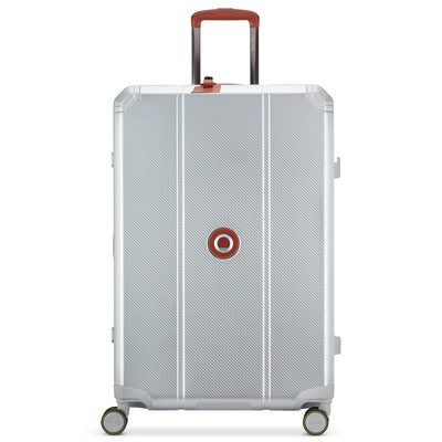 Delsey Alu'r brushed aluminium zipperless suitcase with reinforced corners and TSA locks