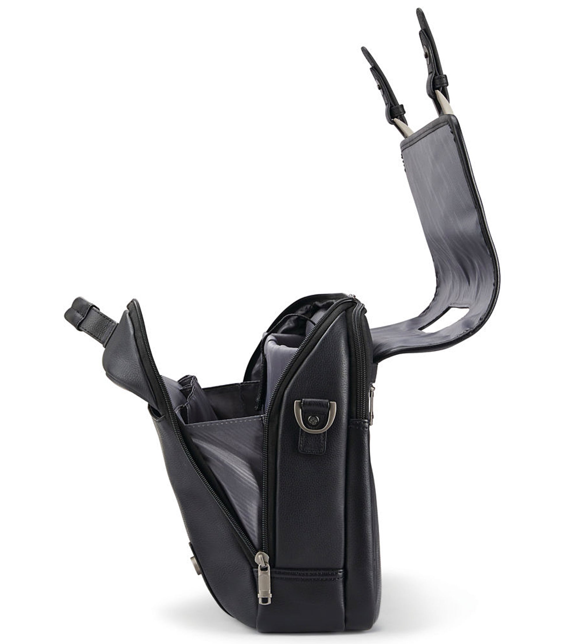 Main compartment has curved zip opening, a padded laptop pocket, and three gusseted accessory pockets