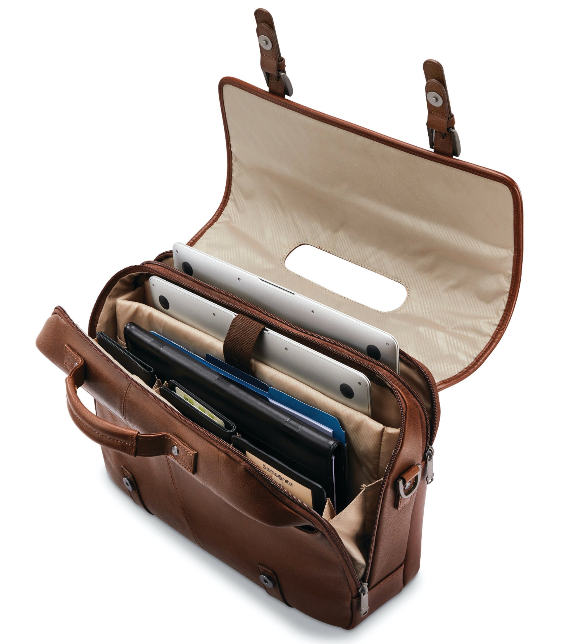 Large front accessory slip pocket with two phone pockets, pen pockets and zip pocket