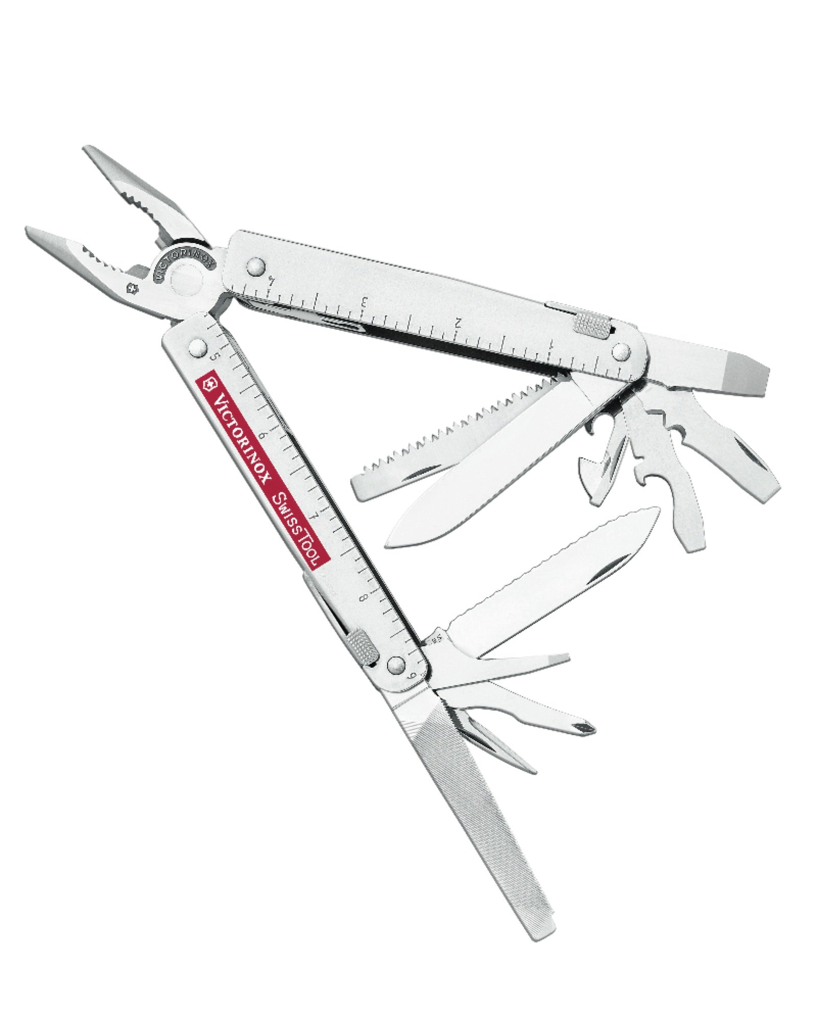 The classic SwissTool: with serrated blade and multi-tool long nosed pliers.