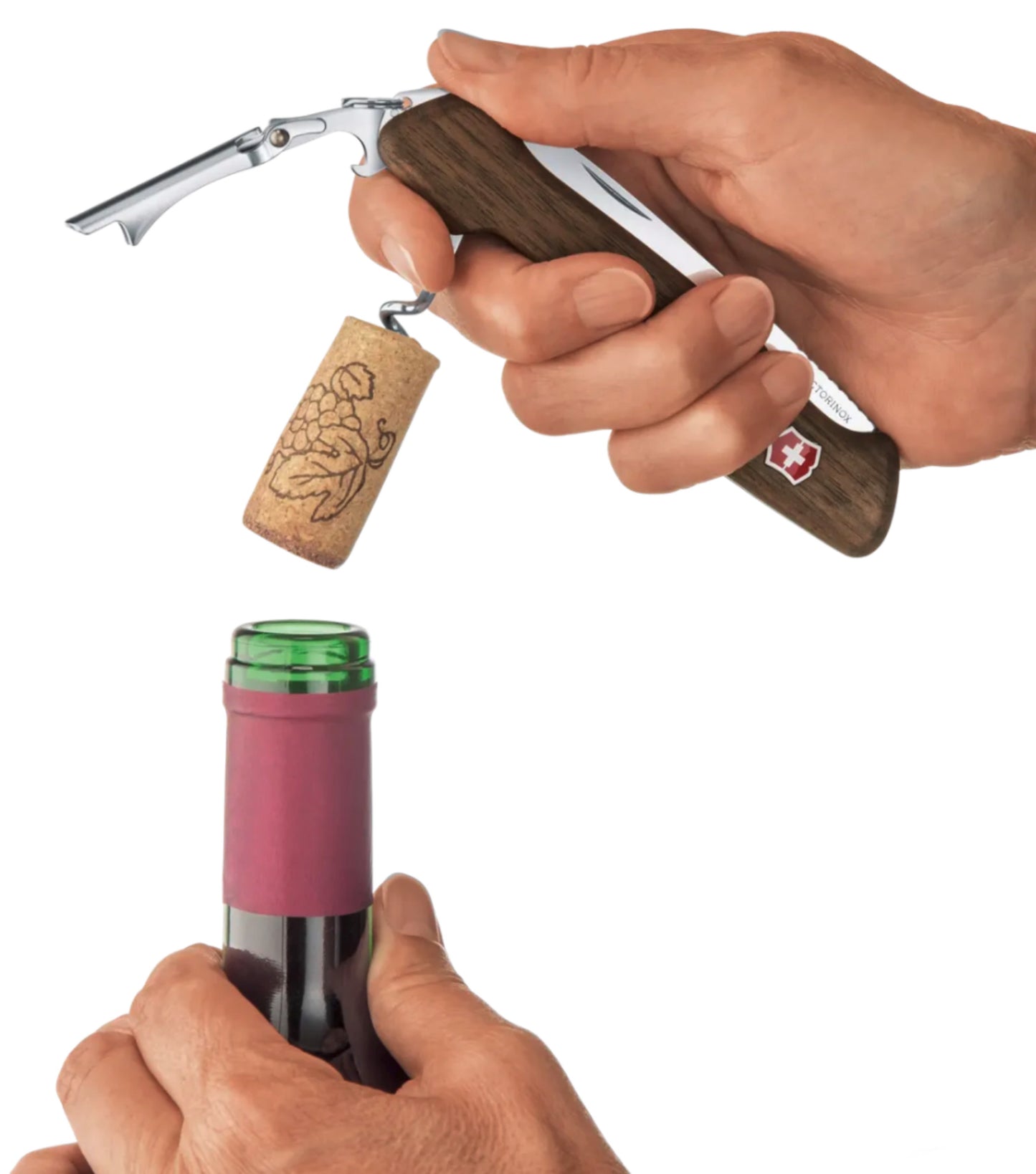 Unique combination tool houses a two-step lever for uncorking