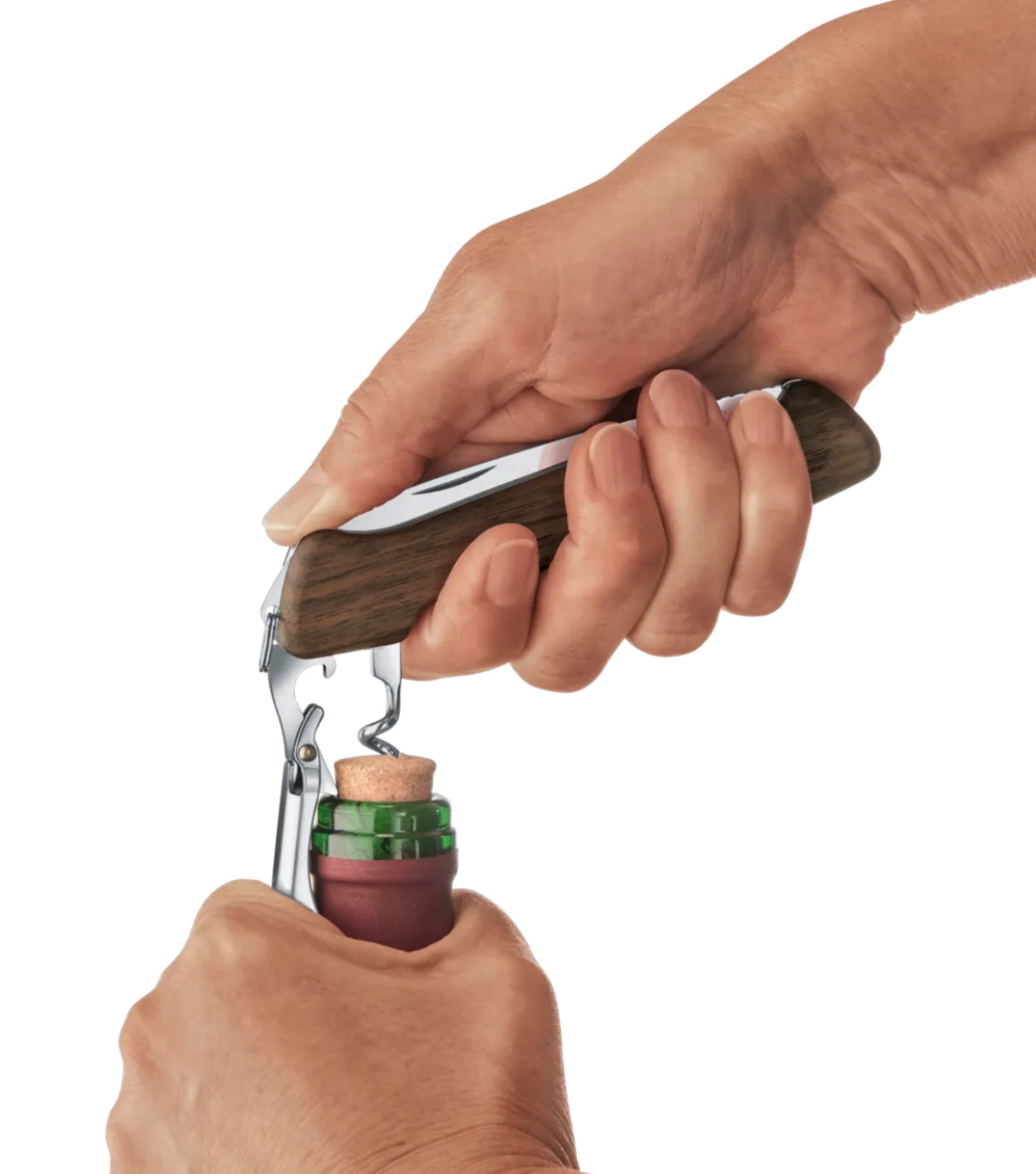 Unique combination tool houses a two-step lever for uncorking