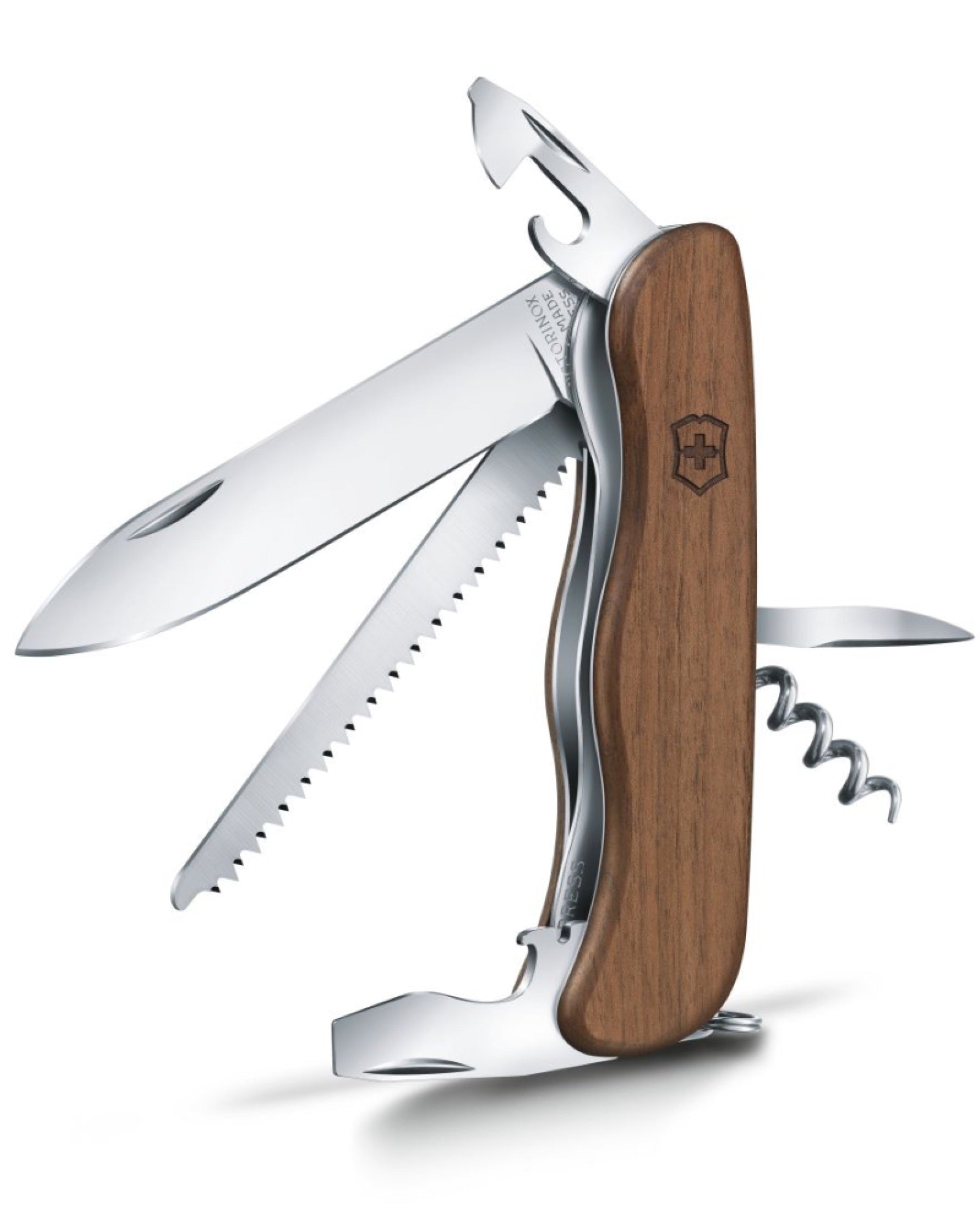 Swiss made pocket knife with 10 functions and elegant walnut scales