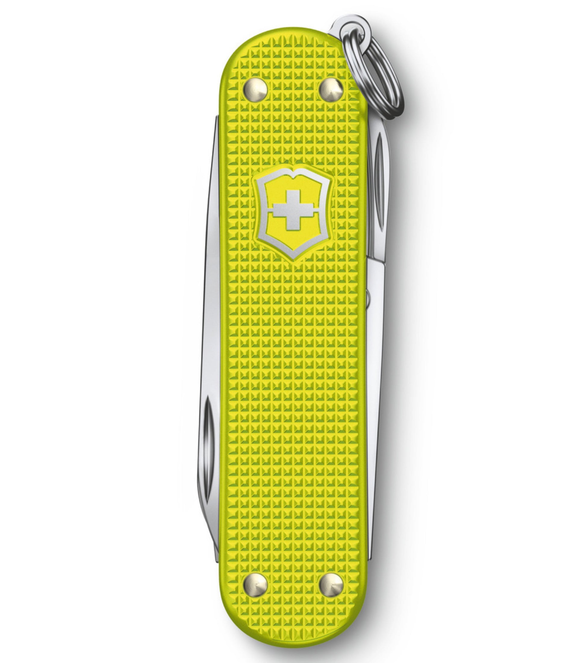 Swiss-made pocket knife with embossed, anodised aluminium scales and 5 functions