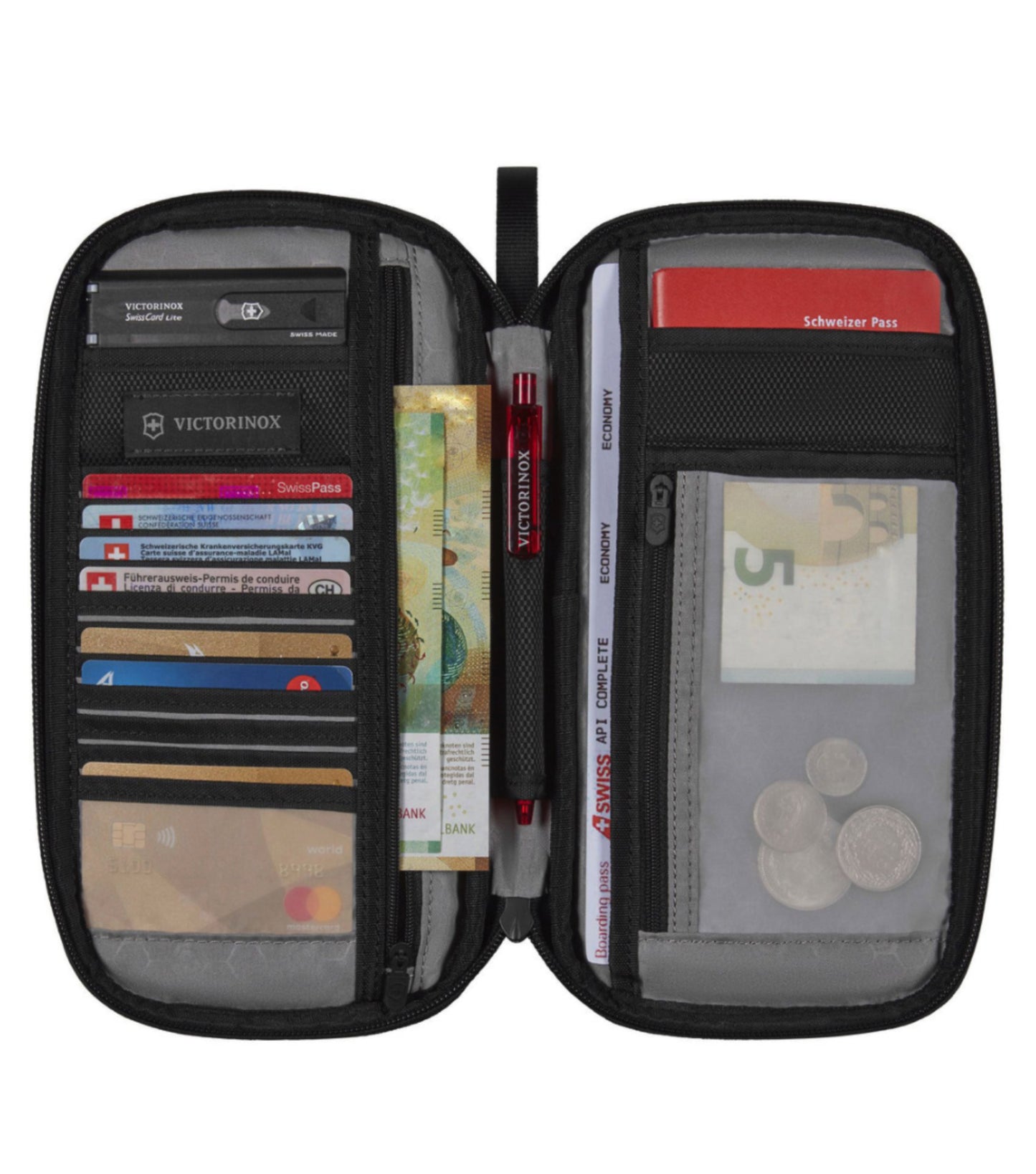 Includes a large storage pocket and full-length zippered pocket to store tickets, passport and most sizes of currency