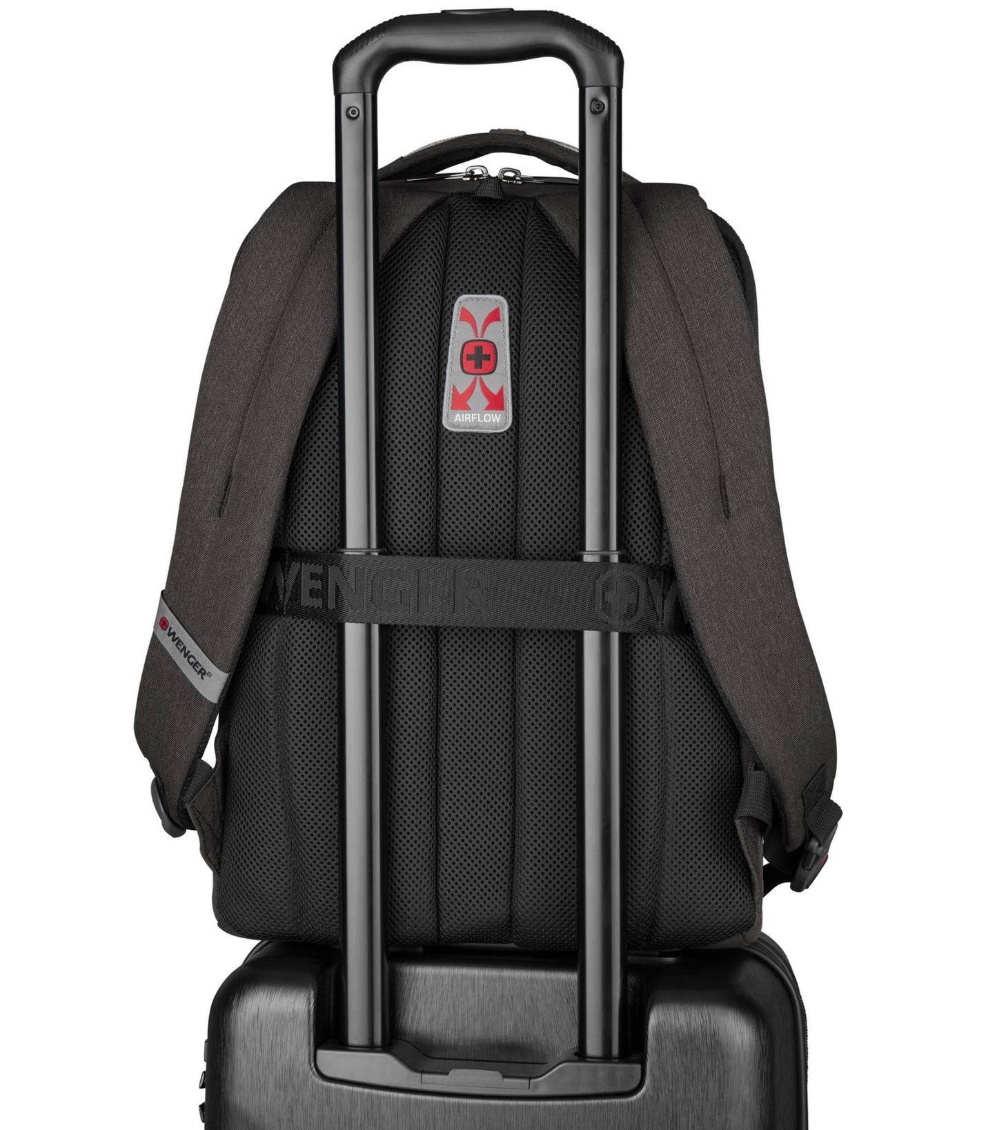 Pass-Thru trolley strap slides over the handle of wheeled luggage for easy travel with multiple bags