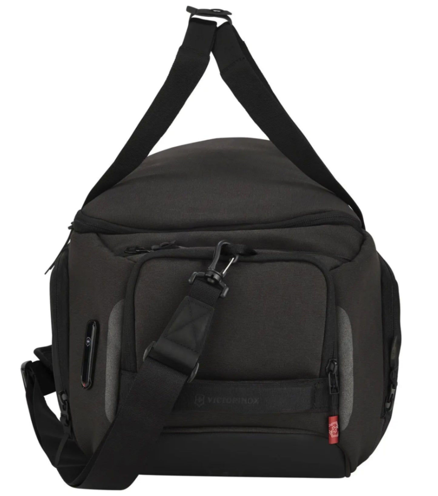 Double carry handles and removable, adjustable shoulder strap