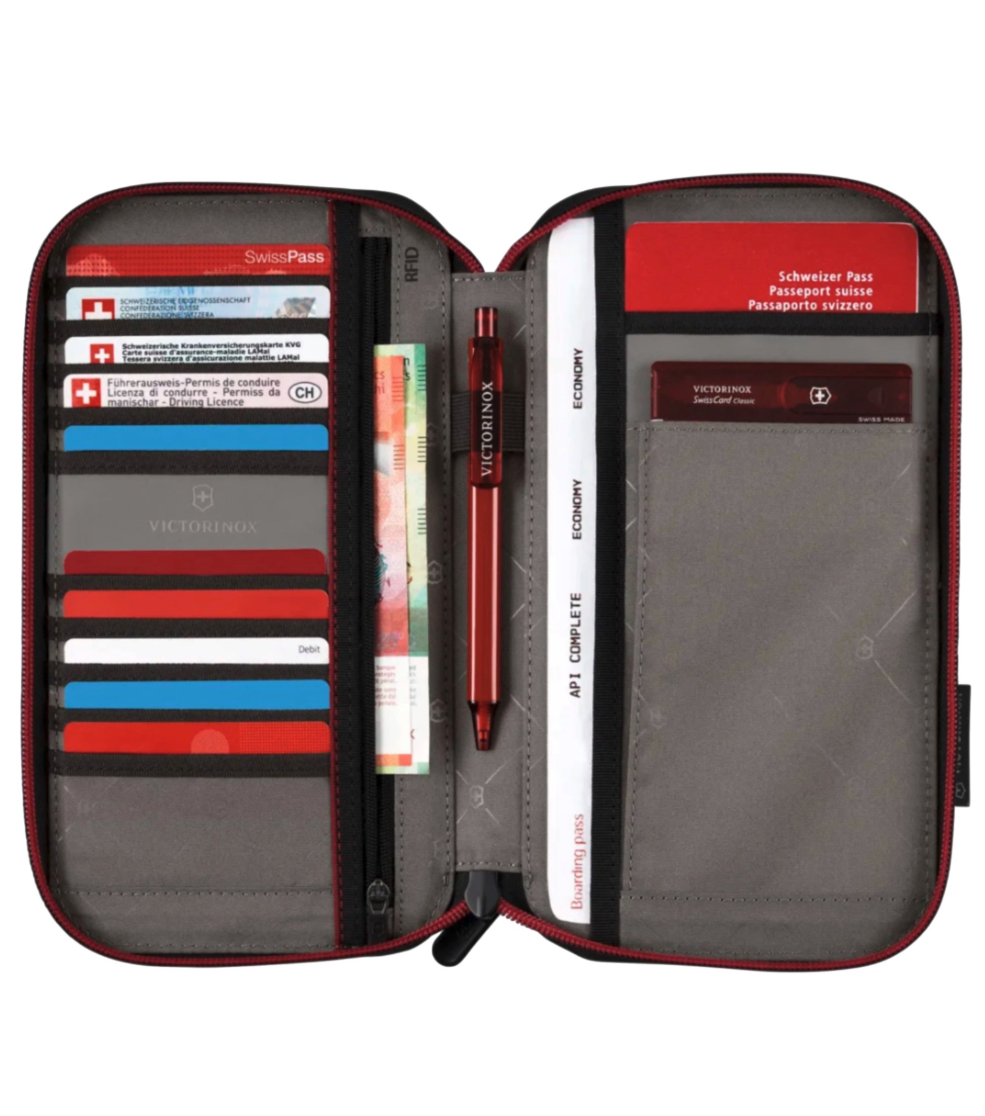 10 card slots, zipped pocket, pen holder, slip-in pocket with gusset, short slip-in pocket