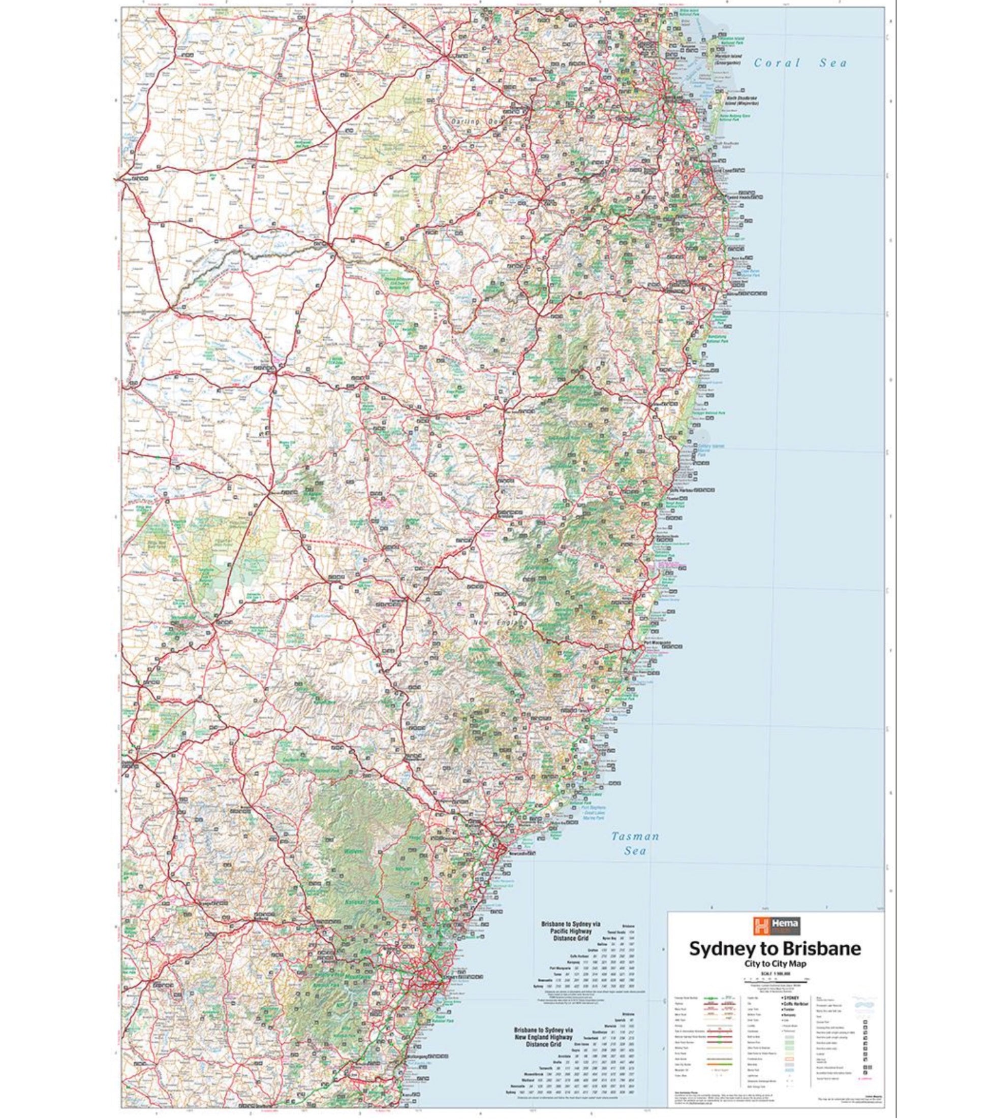 A city to city map designed for the journey from Sydney to Brisbane via the Pacific and New England Highways 