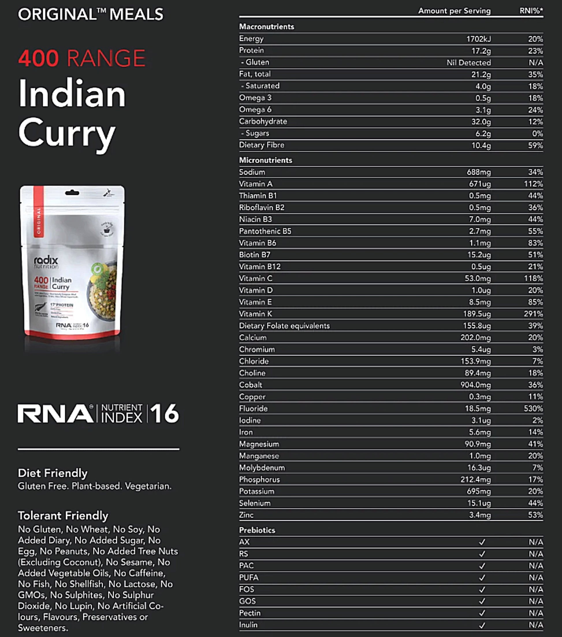 Radix Nutrition Original Meal Indian Curry (Plant Based) - 400 kcal