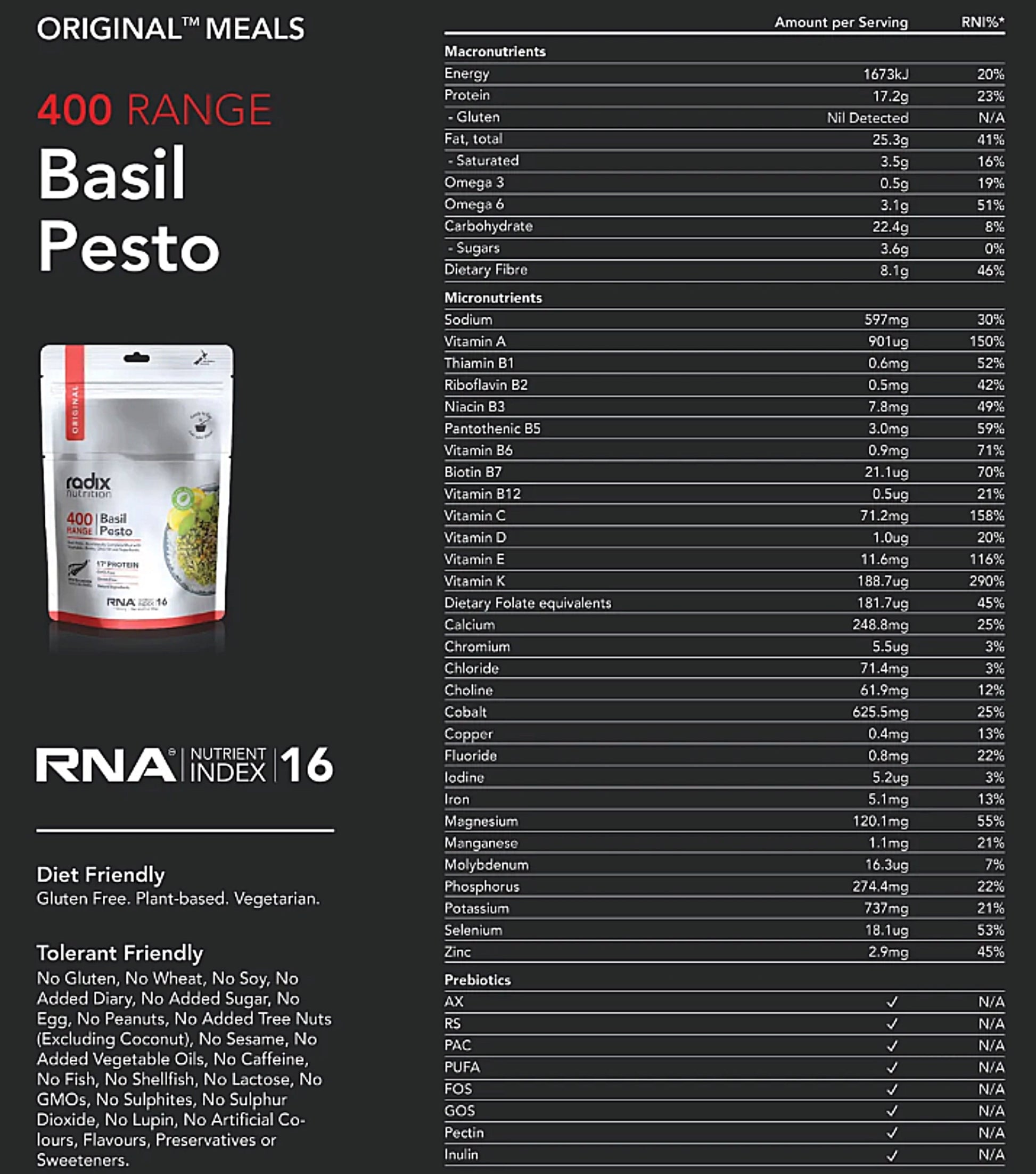 Radix Nutrition Original Meal Basil Pesto (Plant Based) - 400 kcal