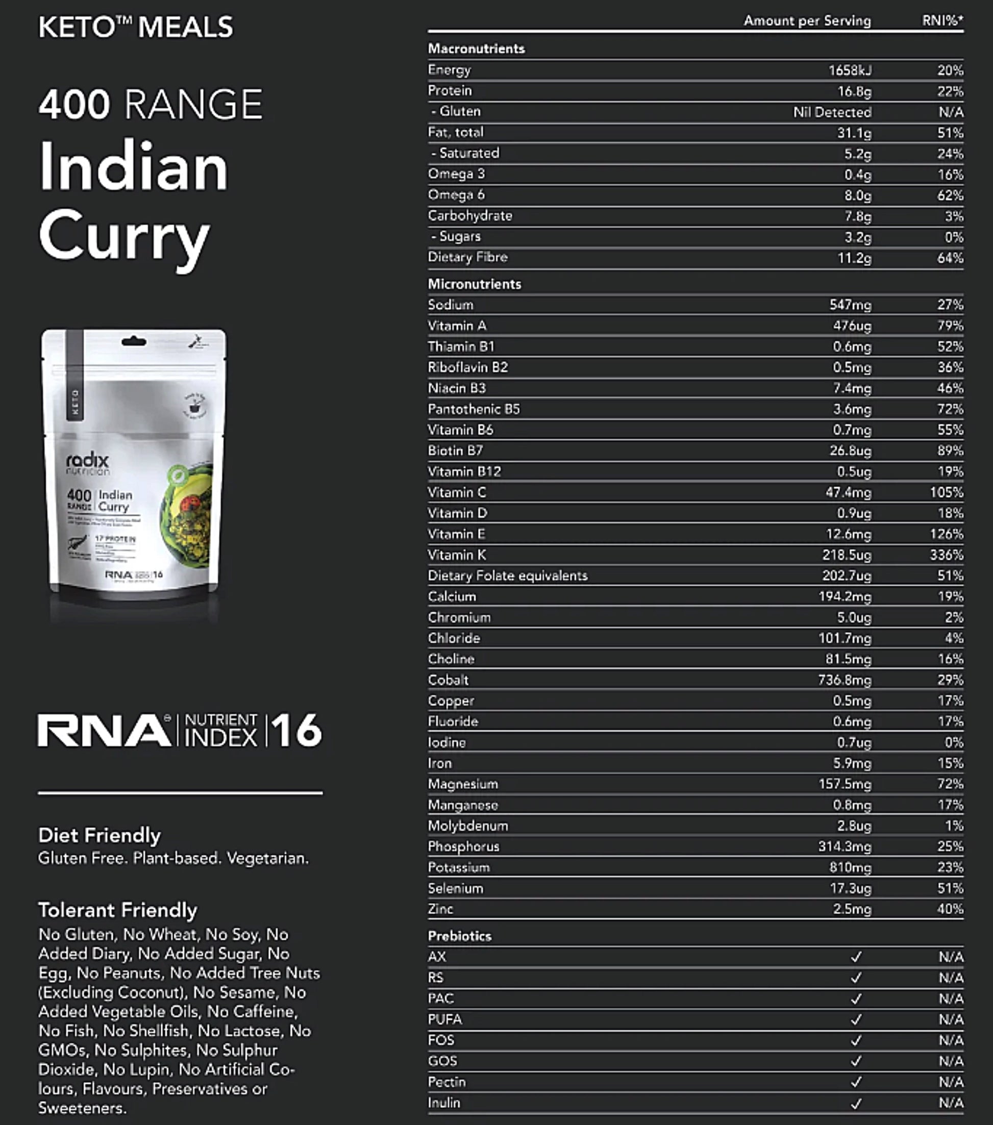 Radix Nutrition Keto Meal Indian Curry (Plant Based) - 400 kcal