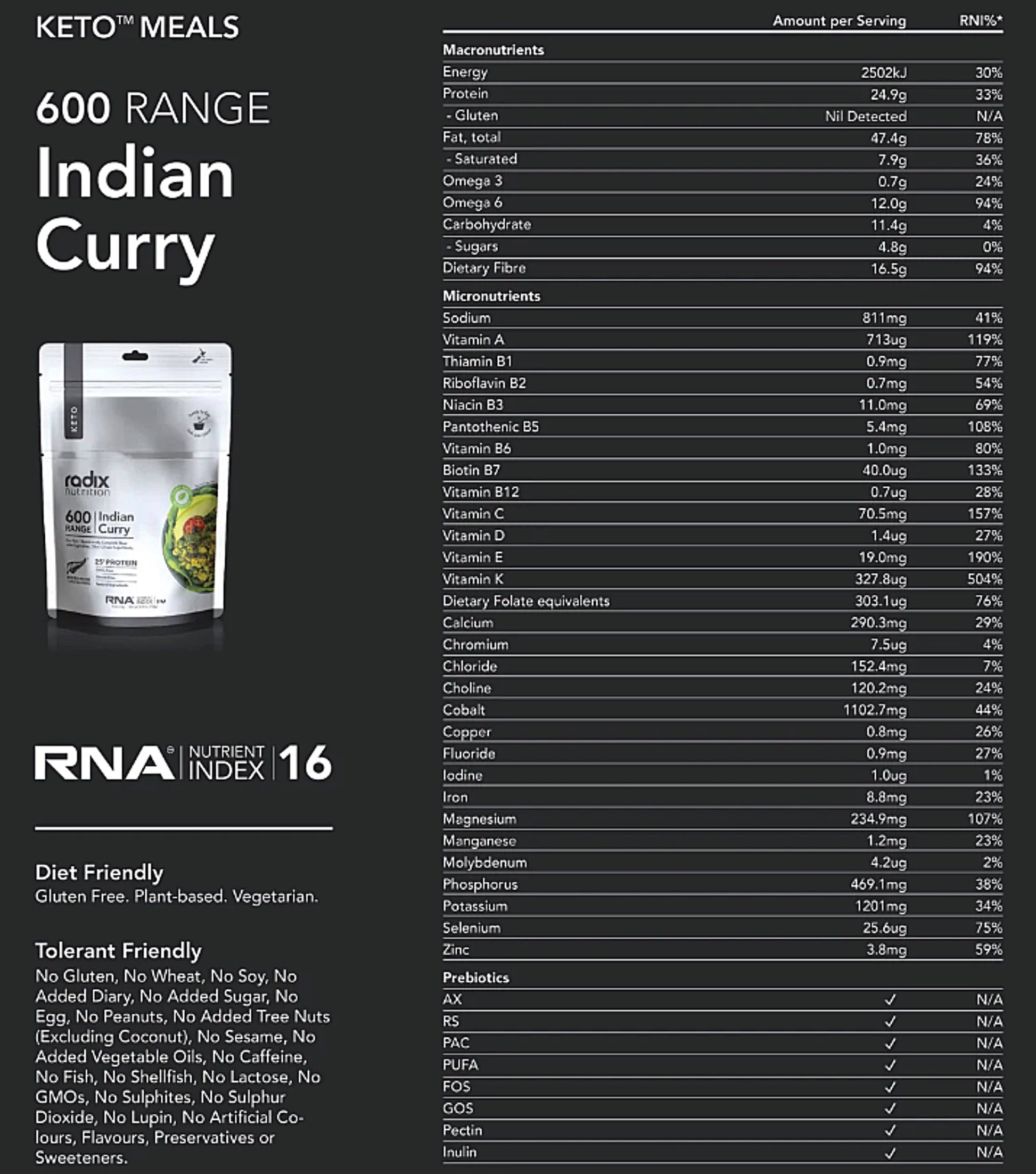 Radix Nutrition Keto Meal - Indian Curry (Plant Based) - 600 kcal