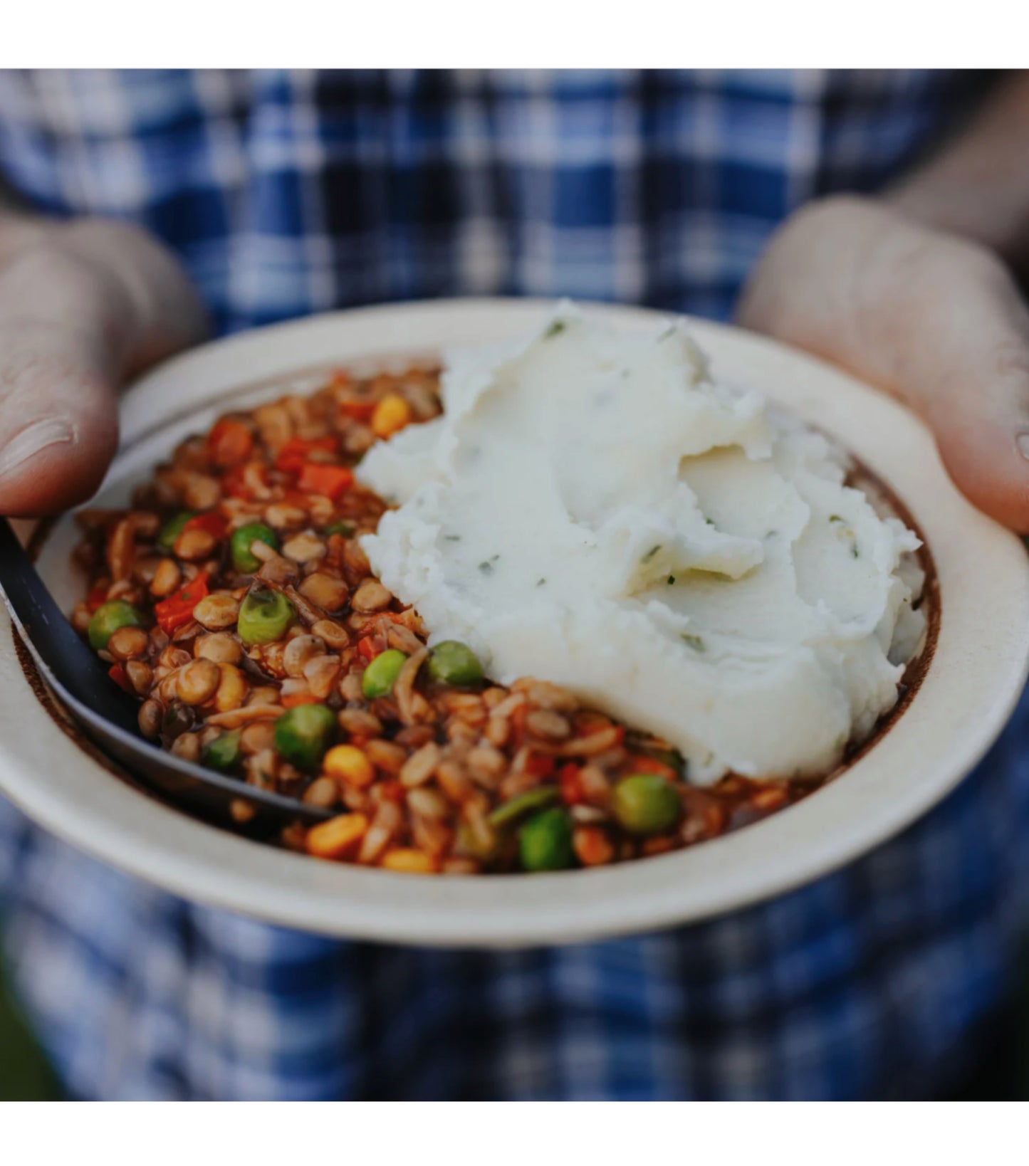 Freeze dried lentils, savoury tomato sauce and vegetables with a potato topping make this delicious no meat cottage pie