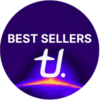 Circular logo with 'BEST SELLERS' text and a logo on a purple background
