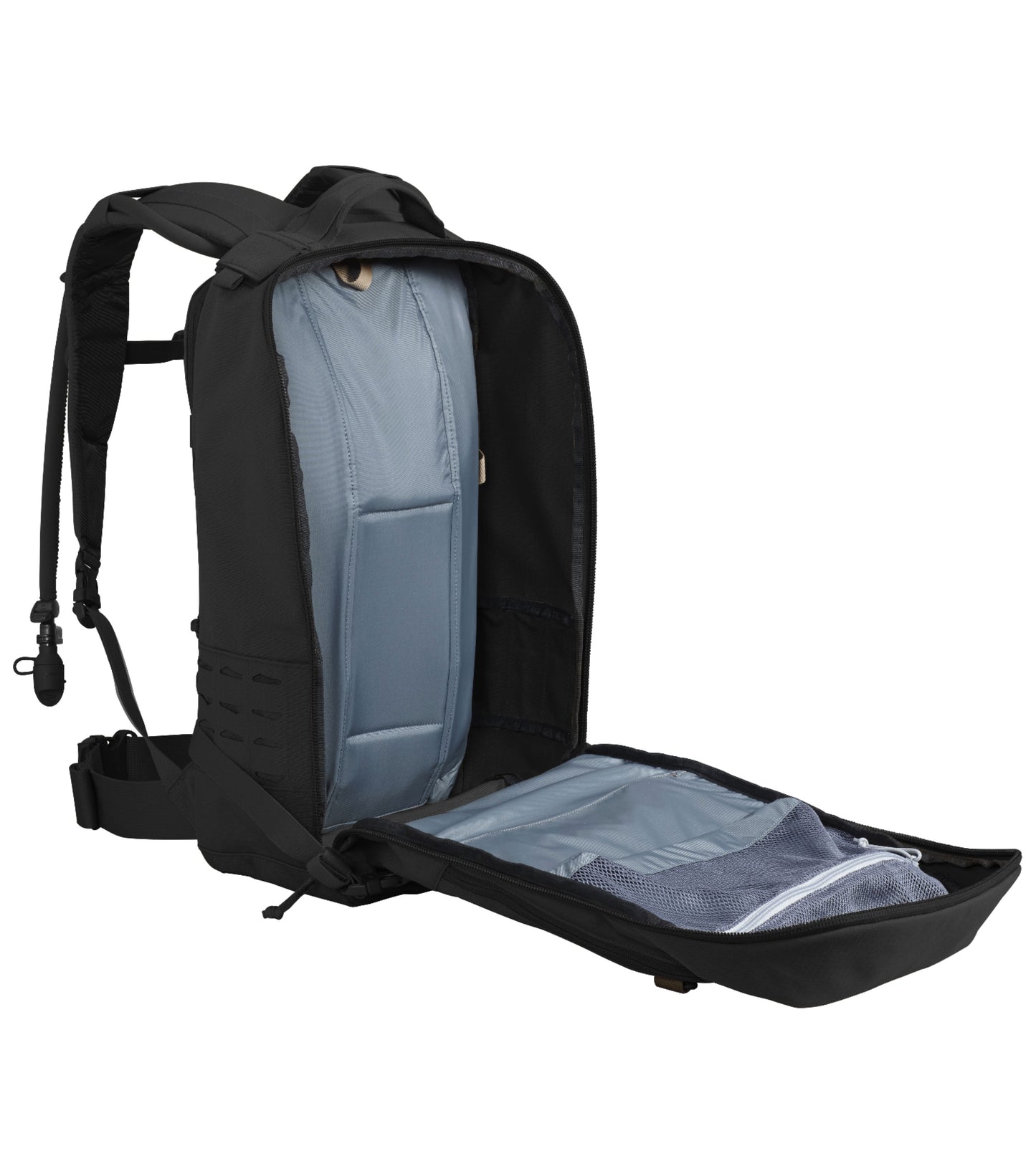 Four-zipper, full clamshell opening on main compartment