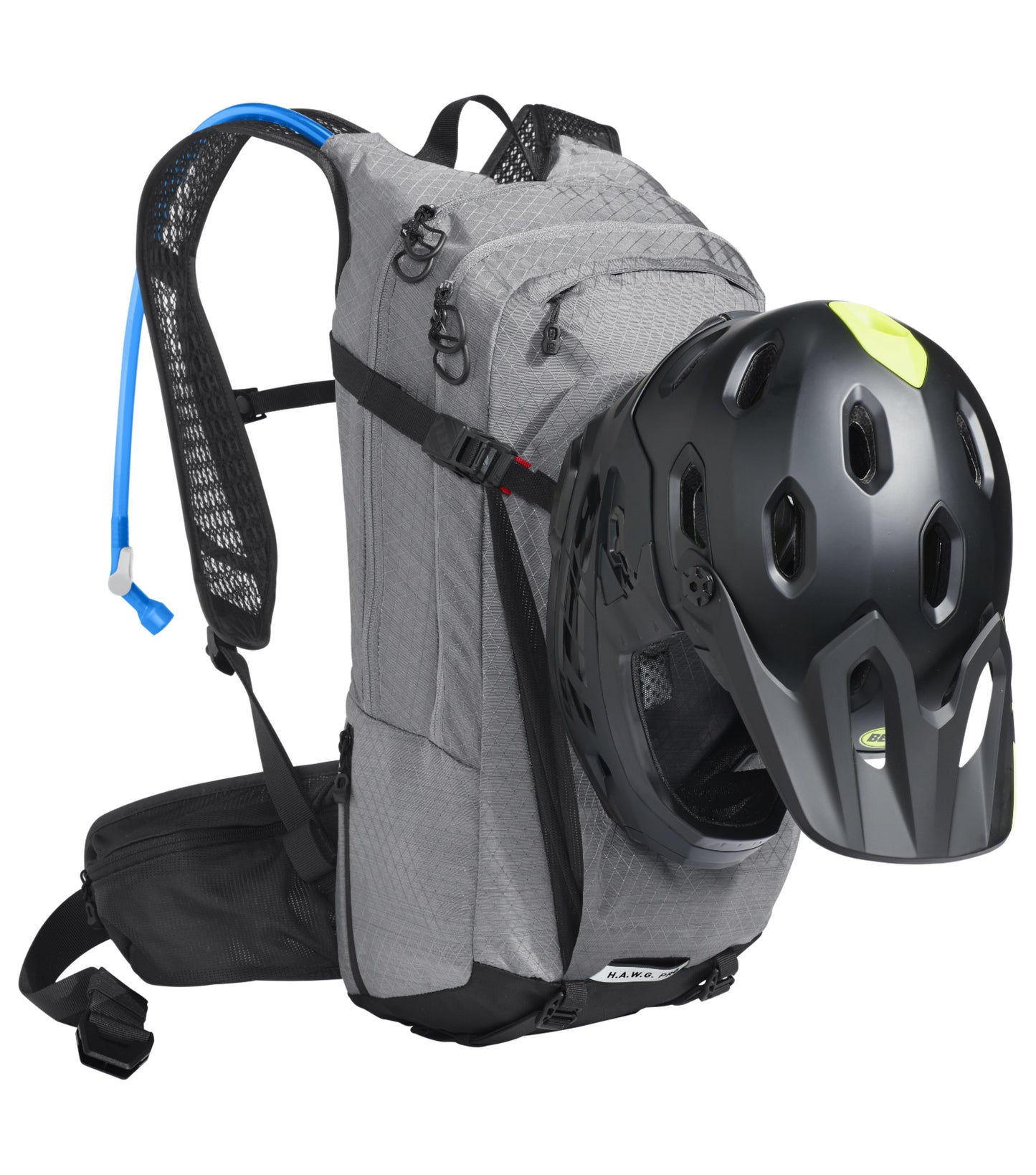 Helmet carry clips on each side of the pack