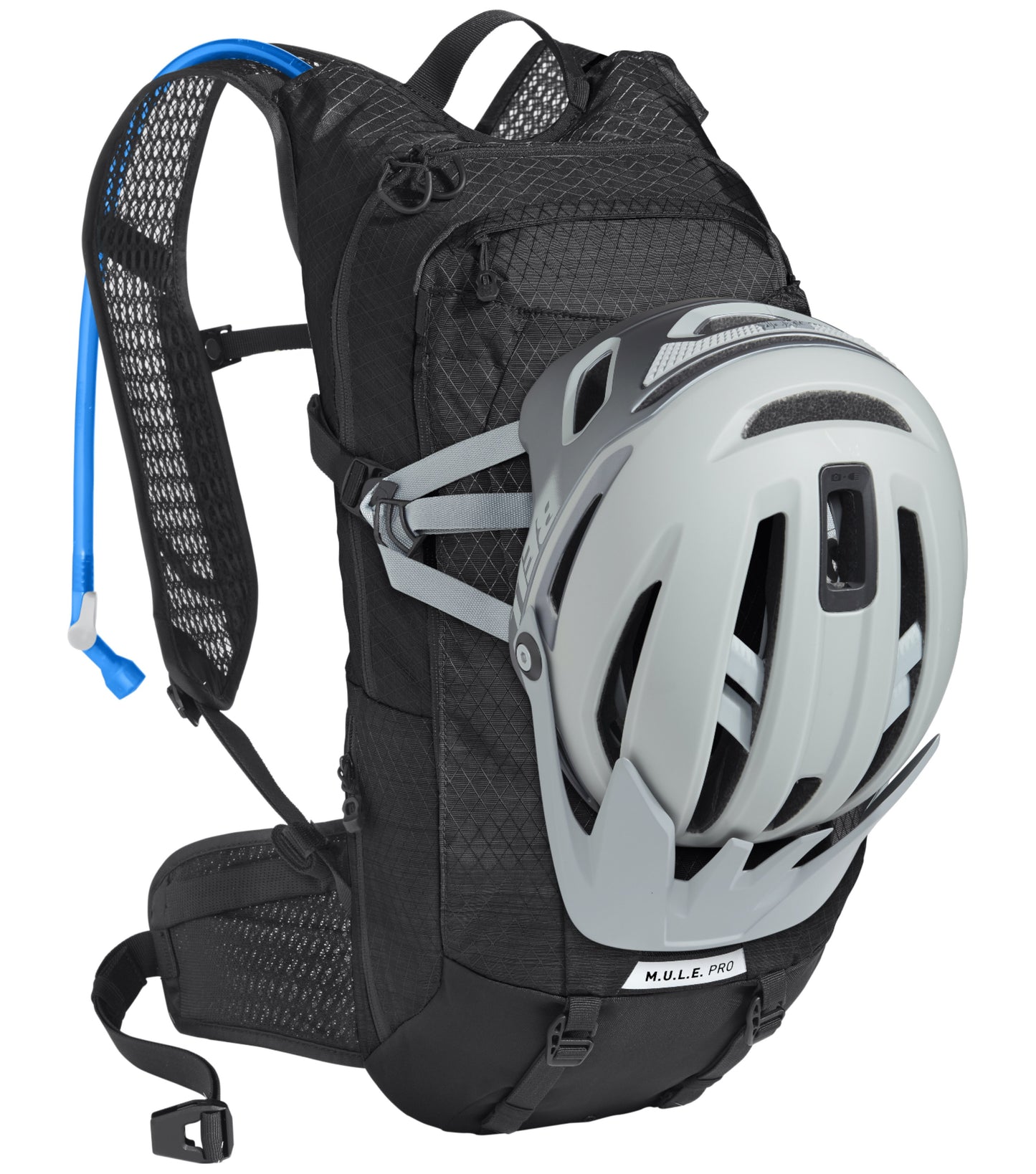 Helmet carry clips on each side of the pack