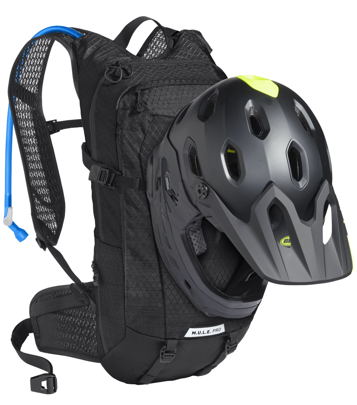 Helmet carry clips on each side of the pack