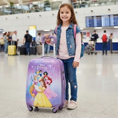 Young girl with a Disney Princess suitcase in an airport.