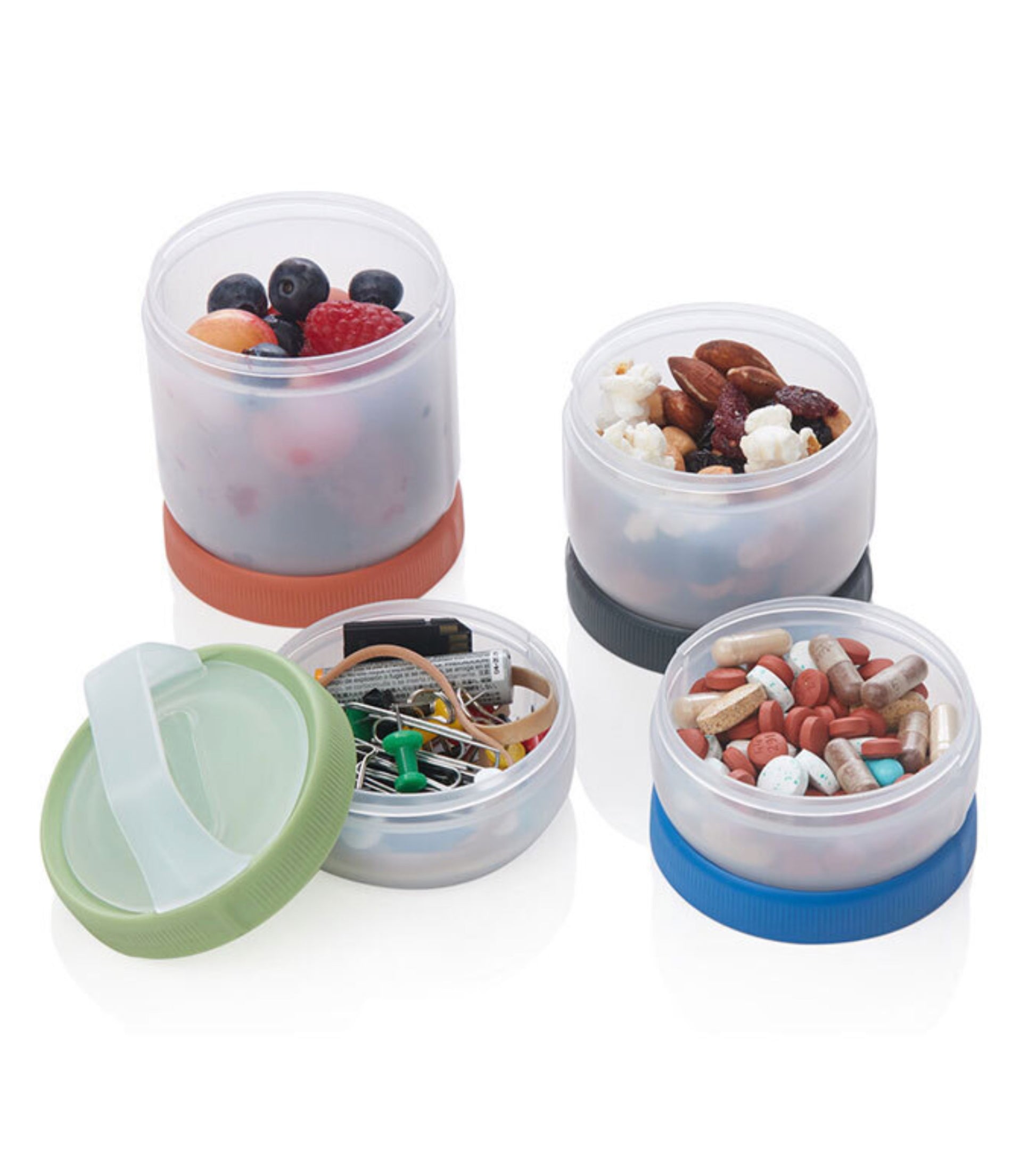 Leak proof stackable containers for storing snacks, creams, medications and more while on the move