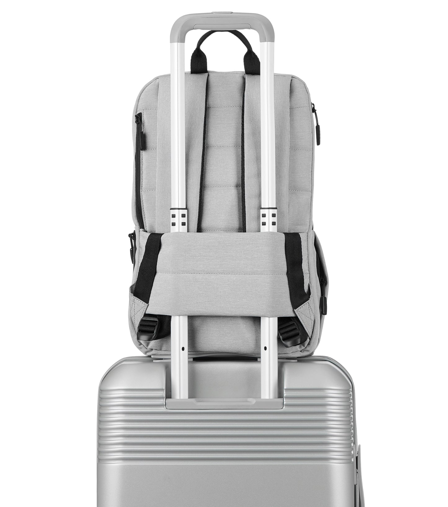 Back Panel featuring a luggage band, ready to seamlessly slide over the trolley tubes of rolling luggage