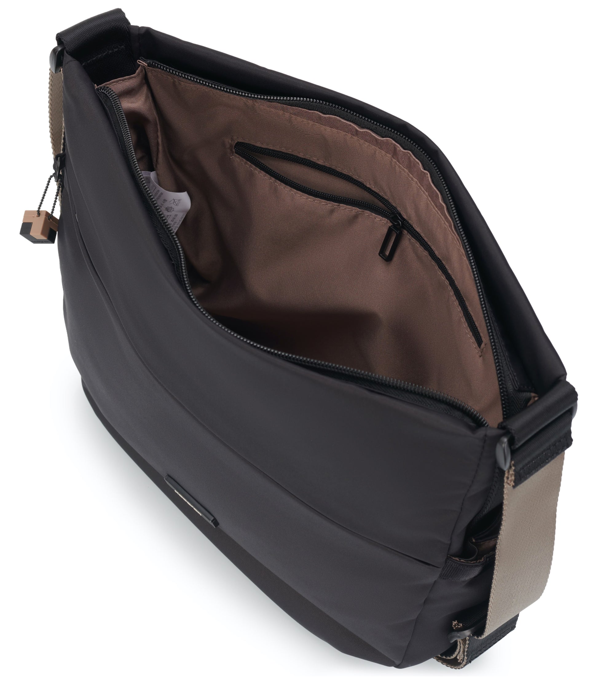 Main compartment has one open pocket and key chain inside