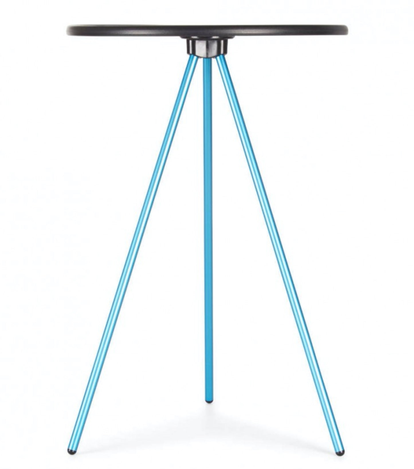 Tripod style camp table with a circular hard surface top