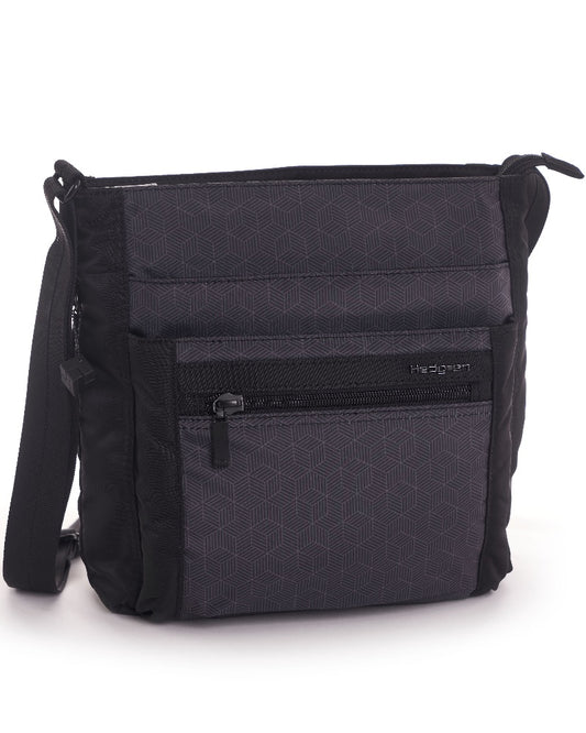 Orva - Shoulder Bag with RFID Pocket - Black & Grey Cube Print