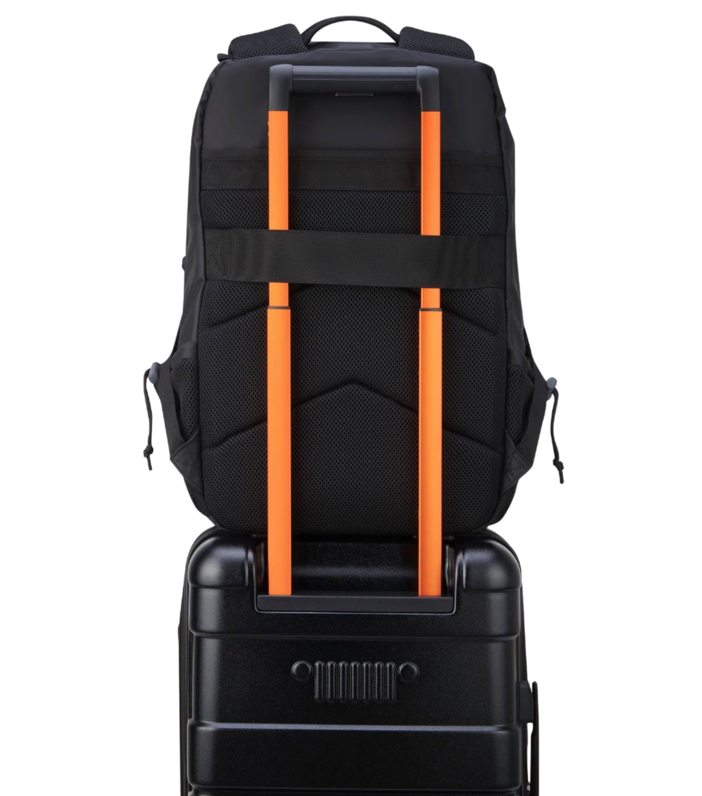 Padded Back Panel featuring a luggage band, ready to seamlessly slide over the trolley tubes of rolling luggage