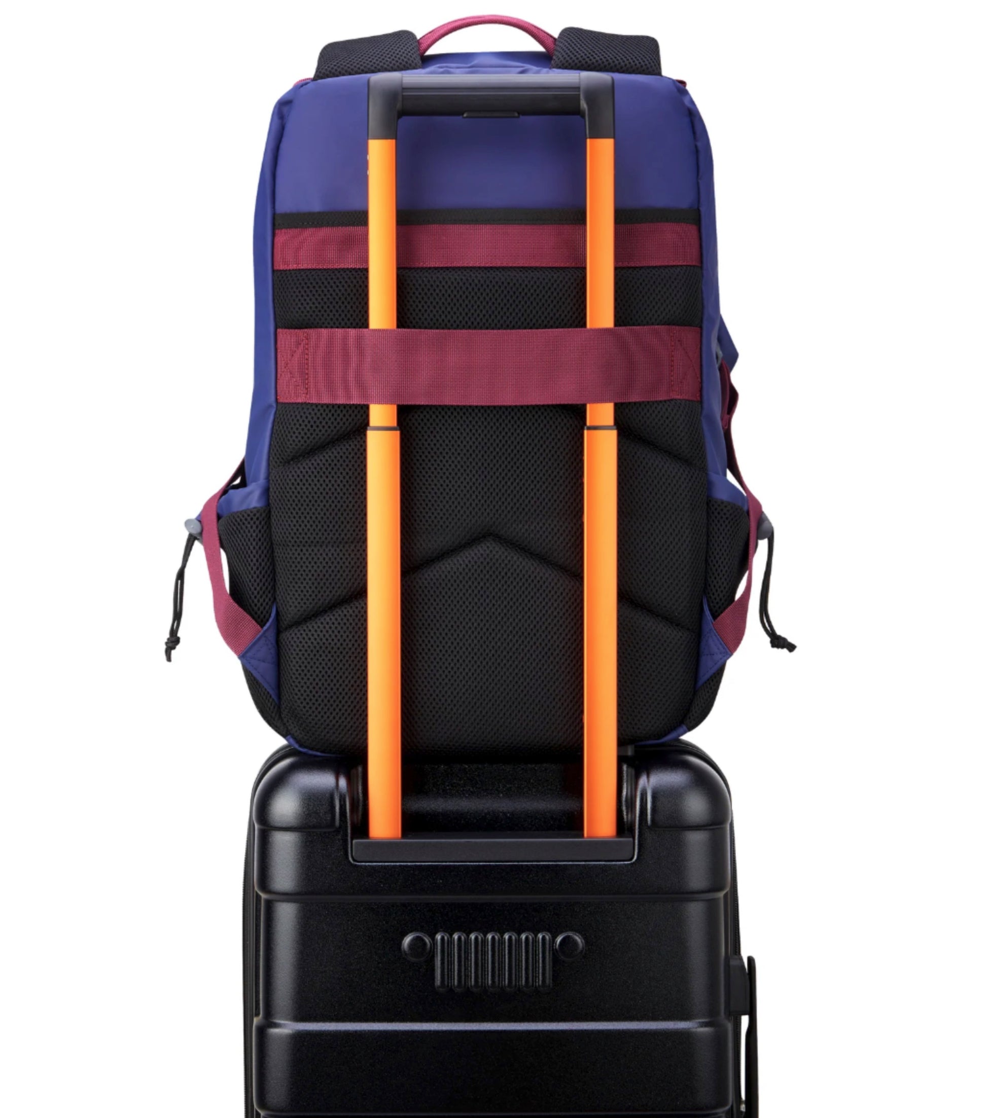 Padded Back Panel featuring a luggage band, ready to seamlessly slide over the trolley tubes of rolling luggage